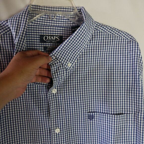 Chaps Men's 2XL Long Sleeve Shirt Easy Care Stretch Blue White Checkered - Picture 7 of 13